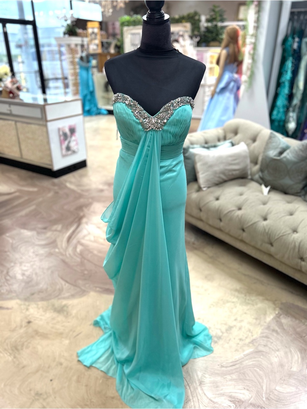 Strapless Aqua Evening Gown with Beaded Sweetheart Bodice